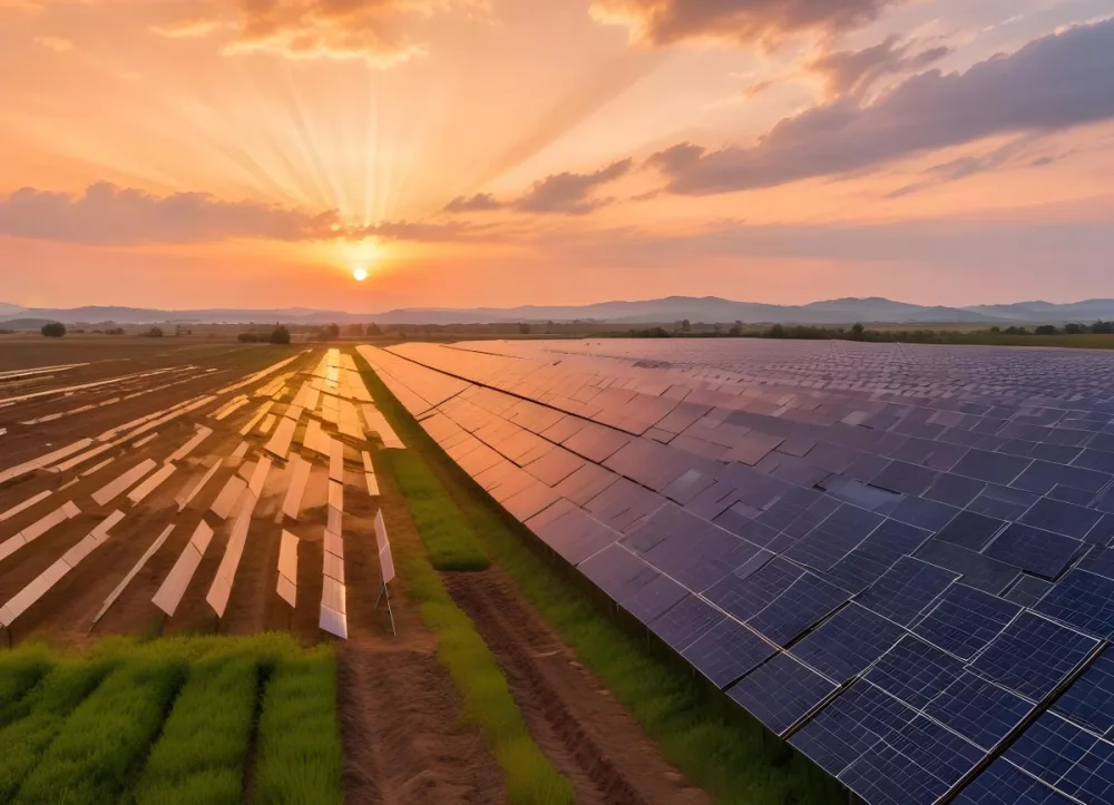 Solar Panel Field Reflecting The Orange Sunset The Panels Are Aligned In Rows The Sky Is Cloudy And Colorful The Environment Is A Rural Area 8 22b3
