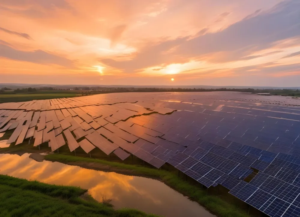 Solar Panel Field Reflecting The Orange Sunset The Panels Are Aligned In Rows The Sky Is Cloudy And Colorful The Environment Is A Rural Area 9 3a00