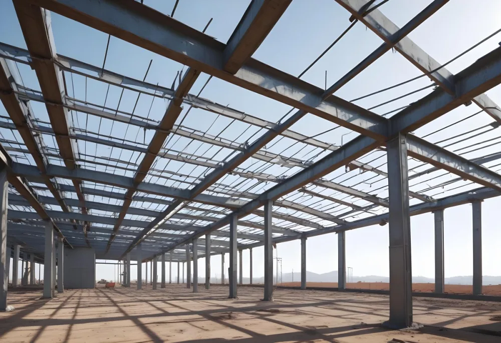 Steel Structure Of A Building Under Construction With A Grid Of Beams And Columns Dirt Floor And A Clear Sky Visible Through The Open Roof 10 D9a8