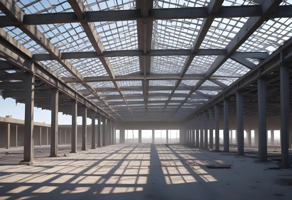 Steel Structure Of A Building Under Construction With A Grid Of Beams And Columns Dirt Floor And A Clear Sky Visible Through The Open Roof 15 E750