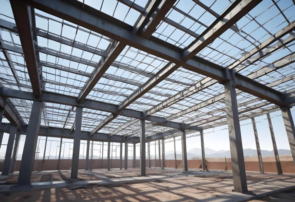 Steel Structure Of A Building Under Construction With A Grid Of Beams And Columns Dirt Floor And A Clear Sky Visible Through The Open Roof 17 Cd35