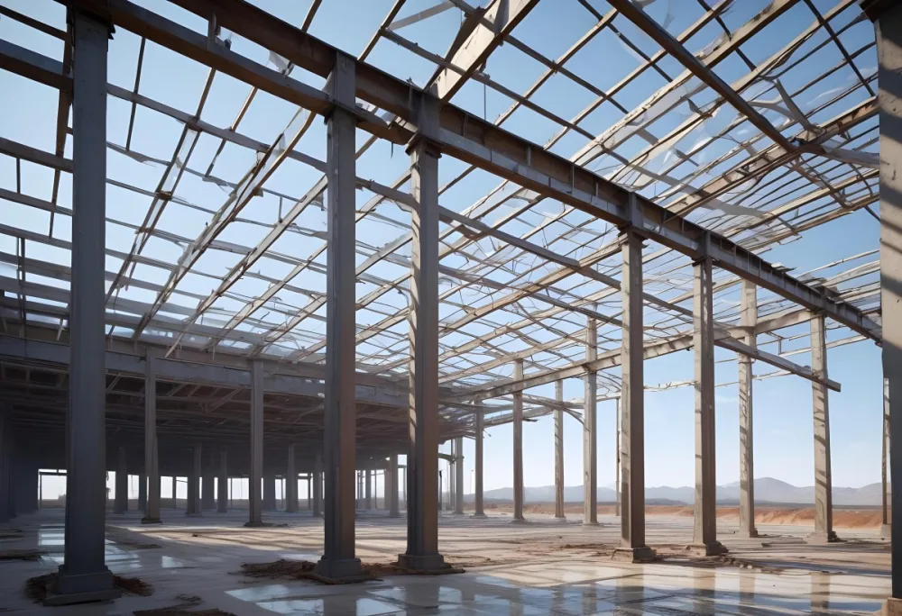 Steel Structure Of A Building Under Construction With A Grid Of Beams And Columns Dirt Floor And A Clear Sky Visible Through The Open Roof 20 6327