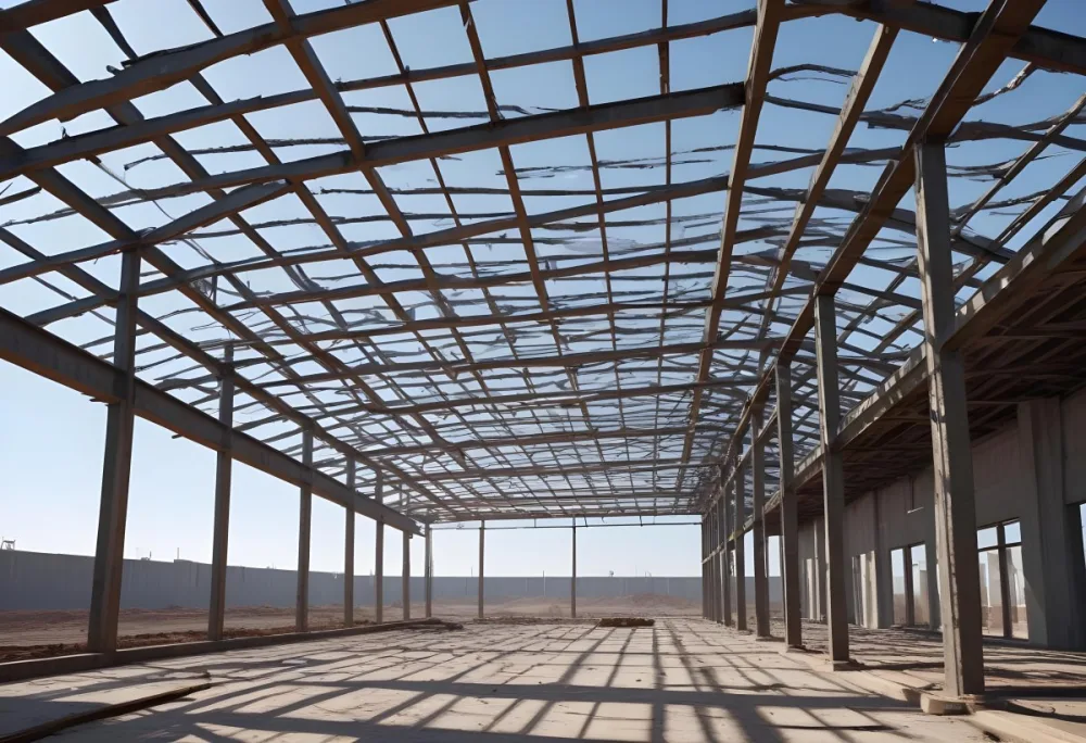 Steel Structure Of A Building Under Construction With A Grid Of Beams And Columns Dirt Floor And A Clear Sky Visible Through The Open Roof 21 E24e