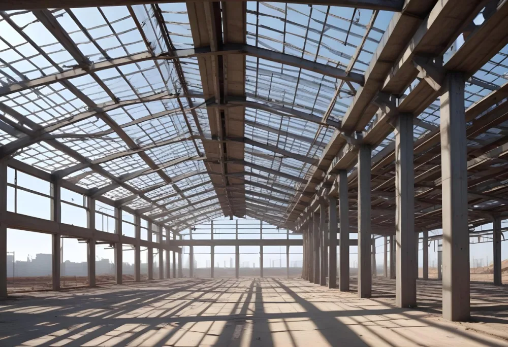 Steel Structure Of A Building Under Construction With A Grid Of Beams And Columns Dirt Floor And A Clear Sky Visible Through The Open Roof 23 Be83