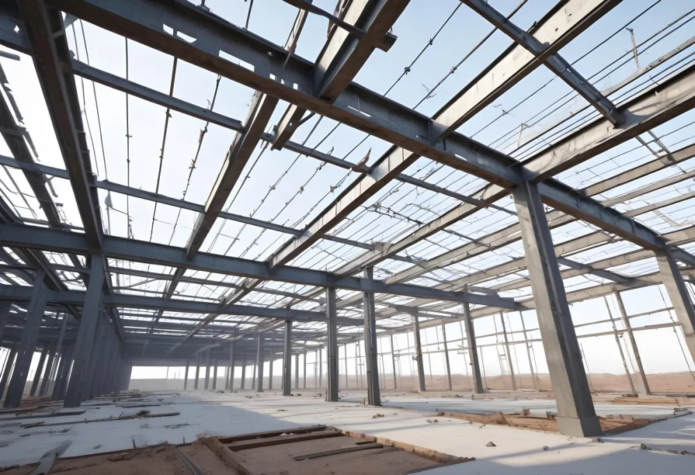 Steel Structure Of A Building Under Construction With A Grid Of Beams And Columns Dirt Floor And A Clear Sky Visible Through The Open Roof 26 E794
