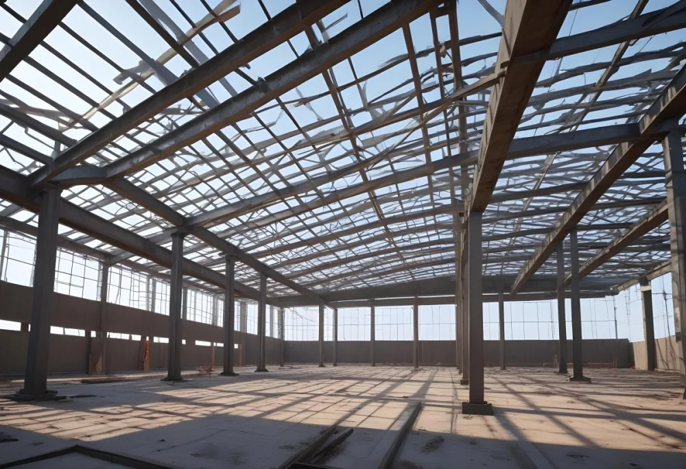 Steel Structure Of A Building Under Construction With A Grid Of Beams And Columns Dirt Floor And A Clear Sky Visible Through The Open Roof 27 7282