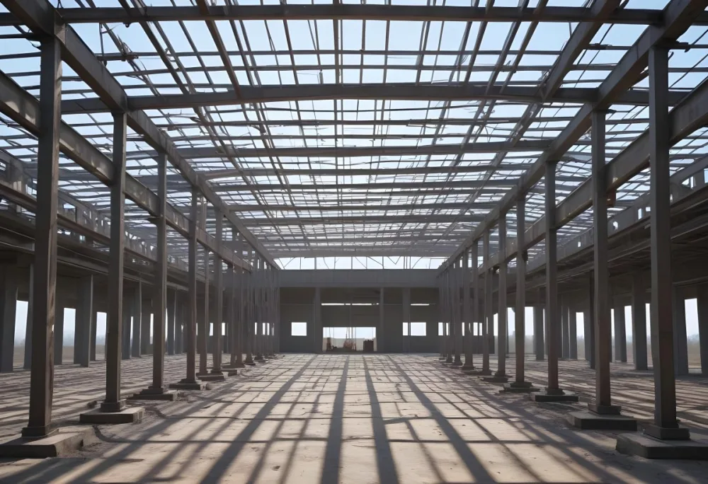 Steel Structure Of A Building Under Construction With A Grid Of Beams And Columns Dirt Floor And A Clear Sky Visible Through The Open Roof 28 20e1