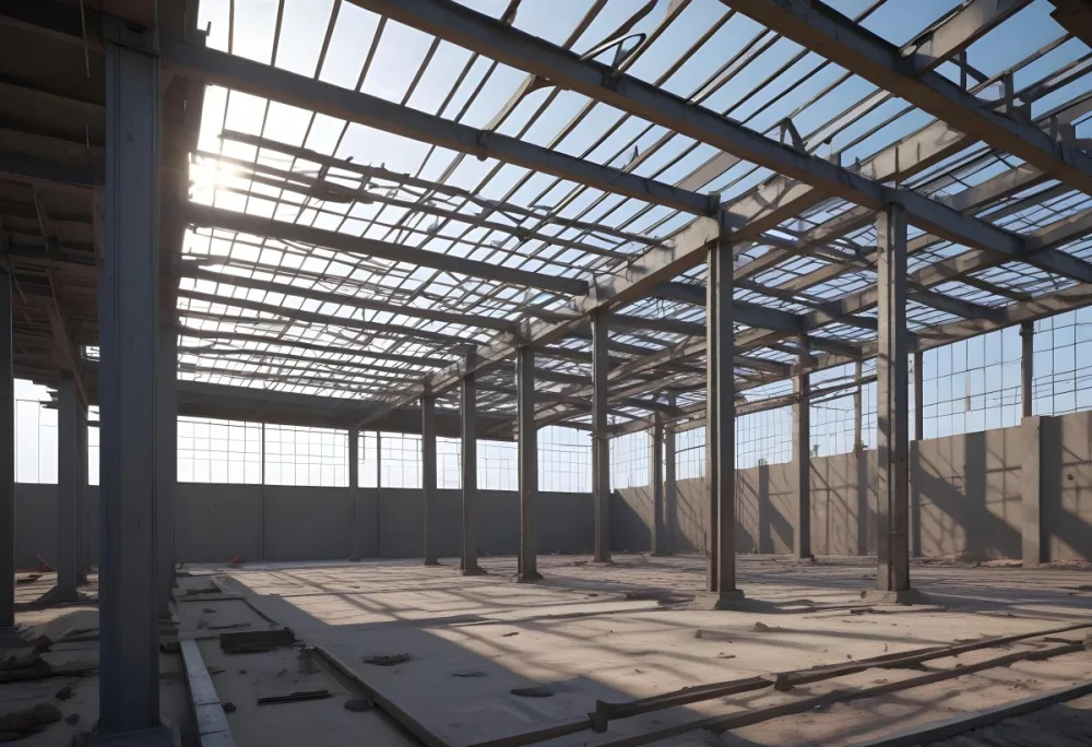 Steel Structure Of A Building Under Construction With A Grid Of Beams And Columns Dirt Floor And A Clear Sky Visible Through The Open Roof 3 9b86