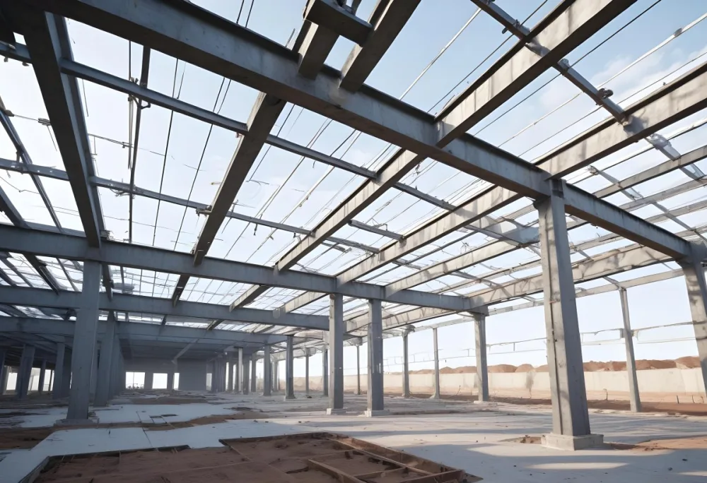 Steel Structure Of A Building Under Construction With A Grid Of Beams And Columns Dirt Floor And A Clear Sky Visible Through The Open Roof 4 C5bc