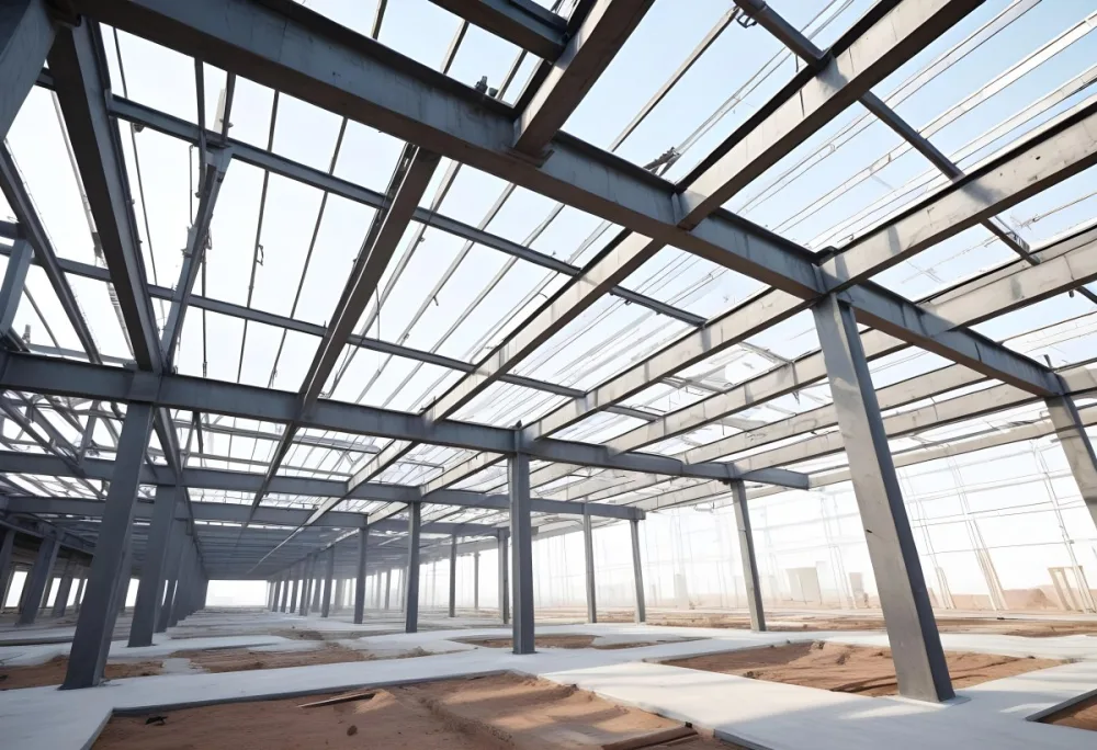 Steel Structure Of A Building Under Construction With A Grid Of Beams And Columns Dirt Floor And A Clear Sky Visible Through The Open Roof 6 D3cb