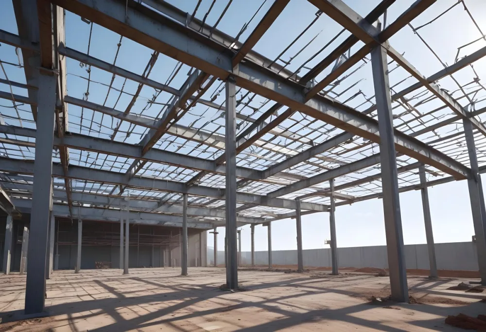 Steel Structure Of A Building Under Construction With A Grid Of Beams And Columns Dirt Floor And A Clear Sky Visible Through The Open Roof 7 6f0f