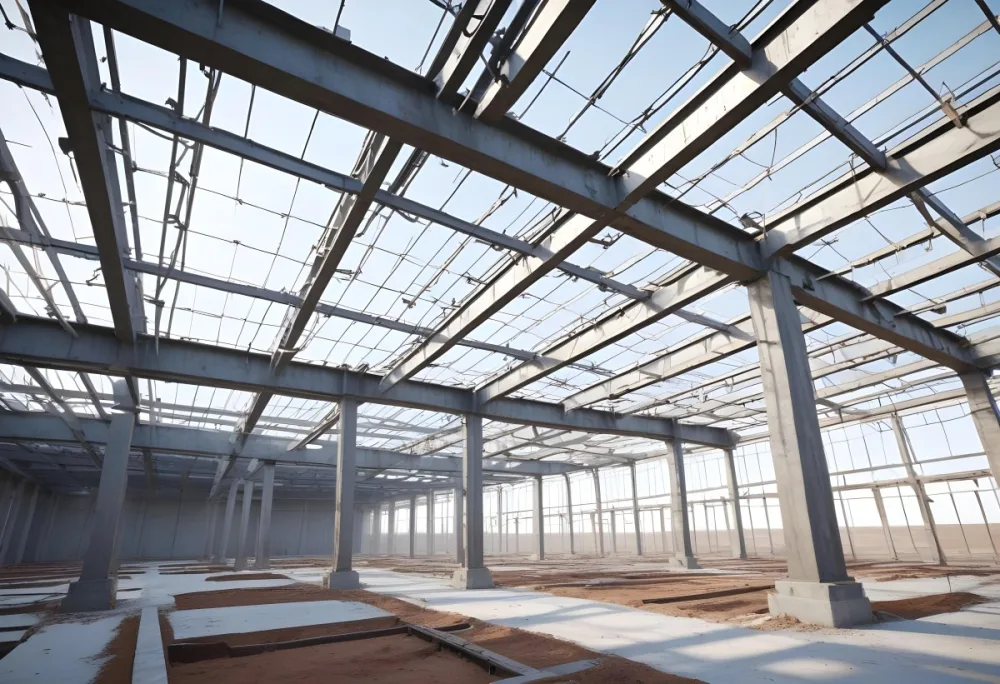 Steel Structure Of A Building Under Construction With A Grid Of Beams And Columns Dirt Floor And A Clear Sky Visible Through The Open Roof 8 42fa