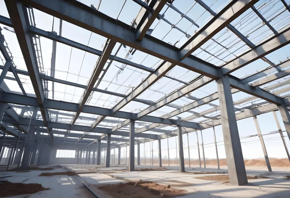 Steel Structure Of A Building Under Construction With A Grid Of Beams And Columns Dirt Floor And A Clear Sky Visible Through The Open Roof 9 B0eb