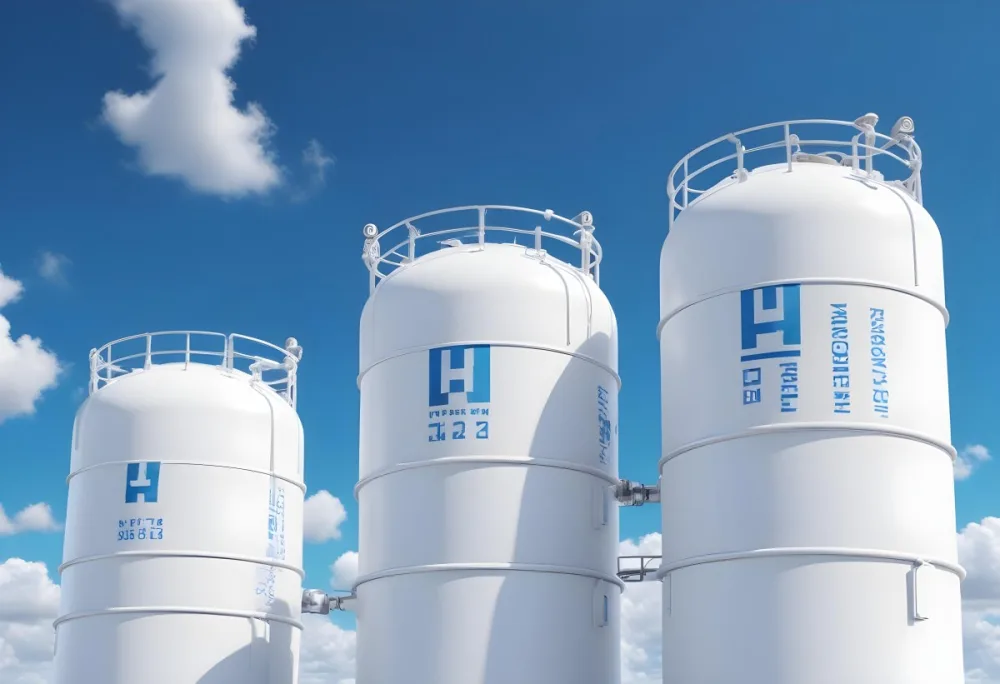 White Hydrogen Tanks With Blue H2 Labels Cylindrical Shape Industrial Design Against A Clear Blue Sky With Some Clouds Clean And Modern Aesthetic 11 Dea6