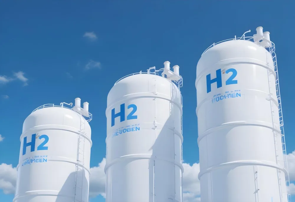 White Hydrogen Tanks With Blue H2 Labels Cylindrical Shape Industrial Design Against A Clear Blue Sky With Some Clouds Clean And Modern Aesthetic 17 329d