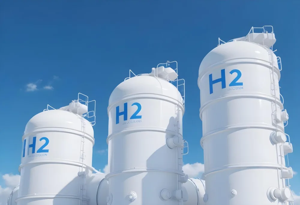 White Hydrogen Tanks With Blue H2 Labels Cylindrical Shape Industrial Design Against A Clear Blue Sky With Some Clouds Clean And Modern Aesthetic 20 8ad3