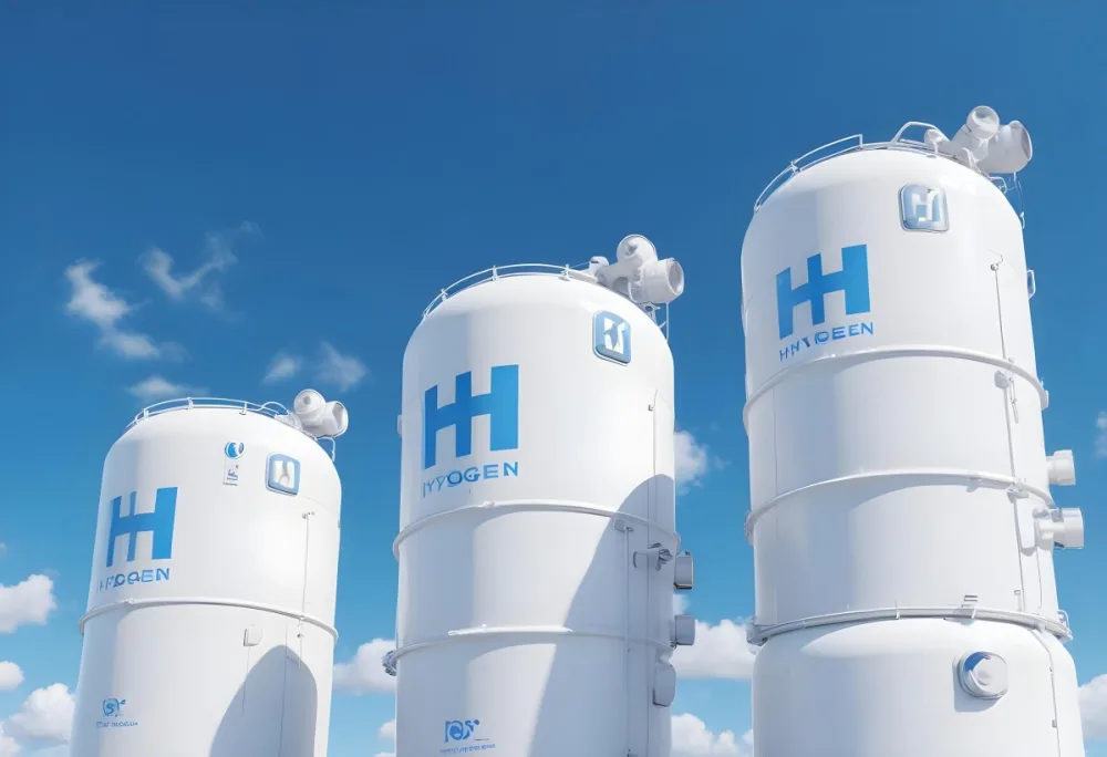 White Hydrogen Tanks With Blue H2 Labels Cylindrical Shape Industrial Design Against A Clear Blue Sky With Some Clouds Clean And Modern Aesthetic 21 F9be