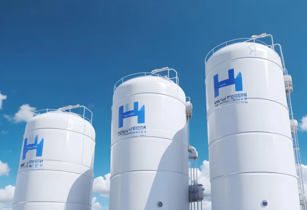 White Hydrogen Tanks With Blue H2 Labels Cylindrical Shape Industrial Design Against A Clear Blue Sky With Some Clouds Clean And Modern Aesthetic 22 328c