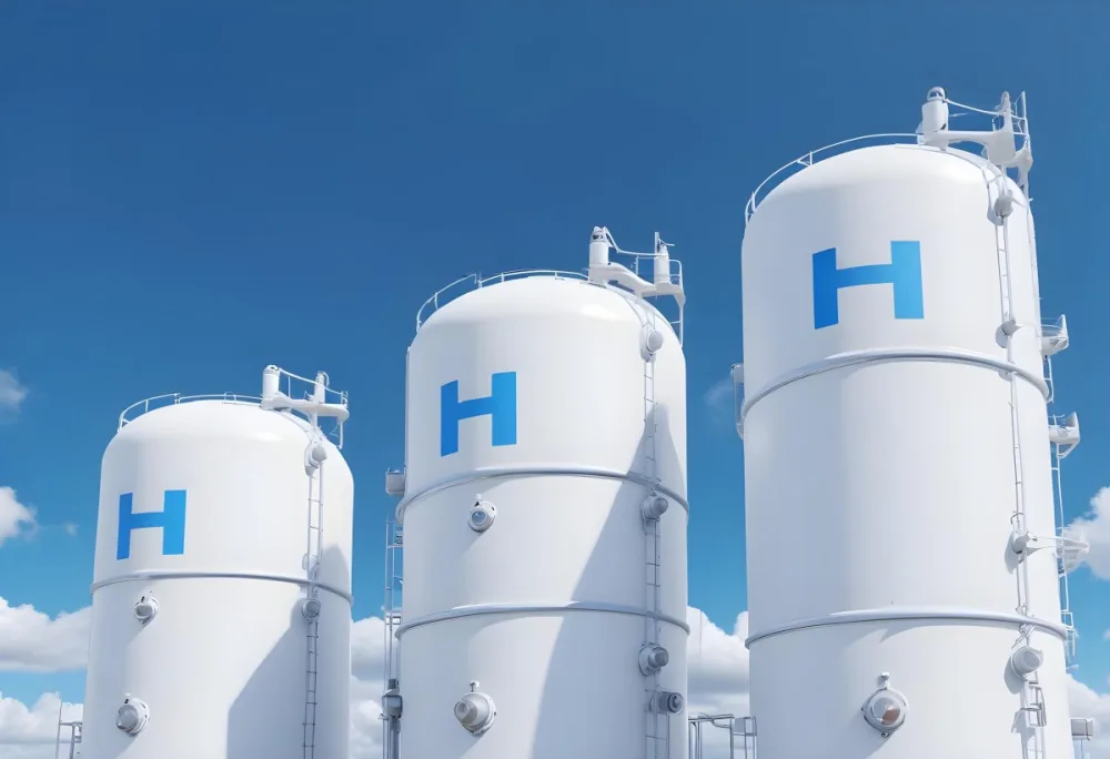White Hydrogen Tanks With Blue H2 Labels Cylindrical Shape Industrial Design Against A Clear Blue Sky With Some Clouds Clean And Modern Aesthetic 3 138c