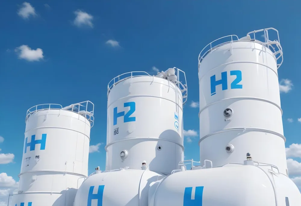 White Hydrogen Tanks With Blue H2 Labels Cylindrical Shape Industrial Design Against A Clear Blue Sky With Some Clouds Clean And Modern Aesthetic 4 7e52