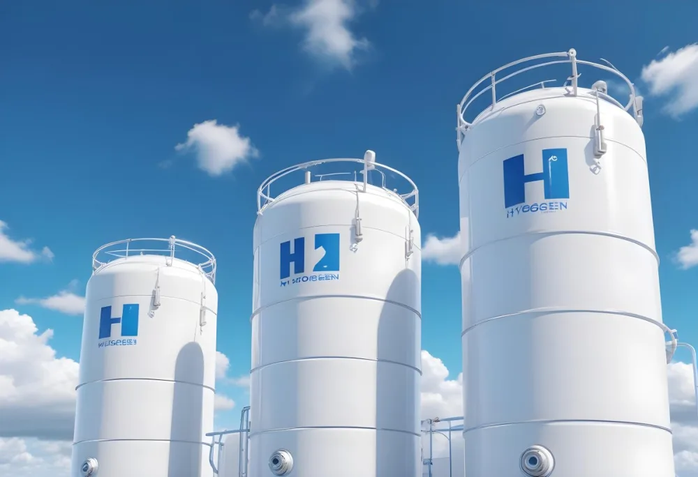 White Hydrogen Tanks With Blue H2 Labels Cylindrical Shape Industrial Design Against A Clear Blue Sky With Some Clouds Clean And Modern Aesthetic 5 5018