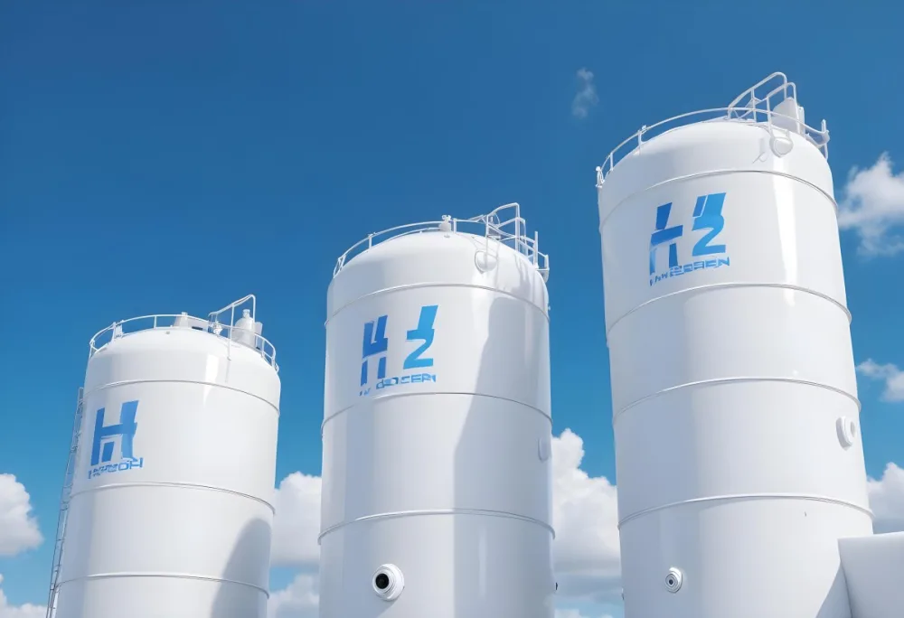 White Hydrogen Tanks With Blue H2 Labels Cylindrical Shape Industrial Design Against A Clear Blue Sky With Some Clouds Clean And Modern Aesthetic 6 C652