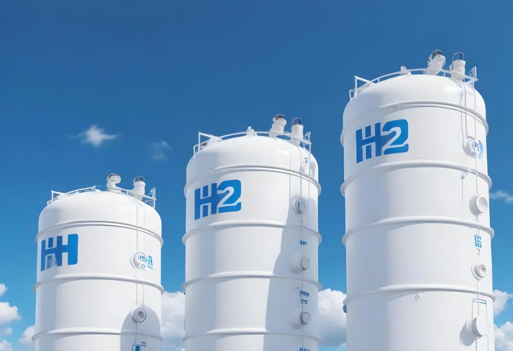 White Hydrogen Tanks With Blue H2 Labels Cylindrical Shape Industrial Design Against A Clear Blue Sky With Some Clouds Clean And Modern Aesthetic 7 1500