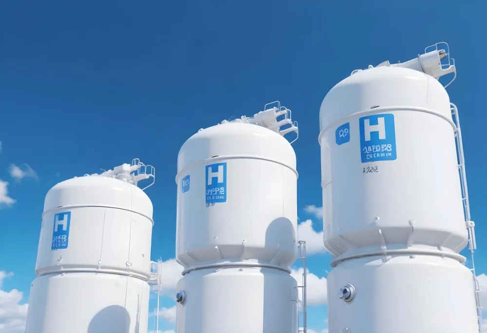 White Hydrogen Tanks With Blue H2 Labels Cylindrical Shape Industrial Design Against A Clear Blue Sky With Some Clouds Clean And Modern Aesthetic 9 E3c7
