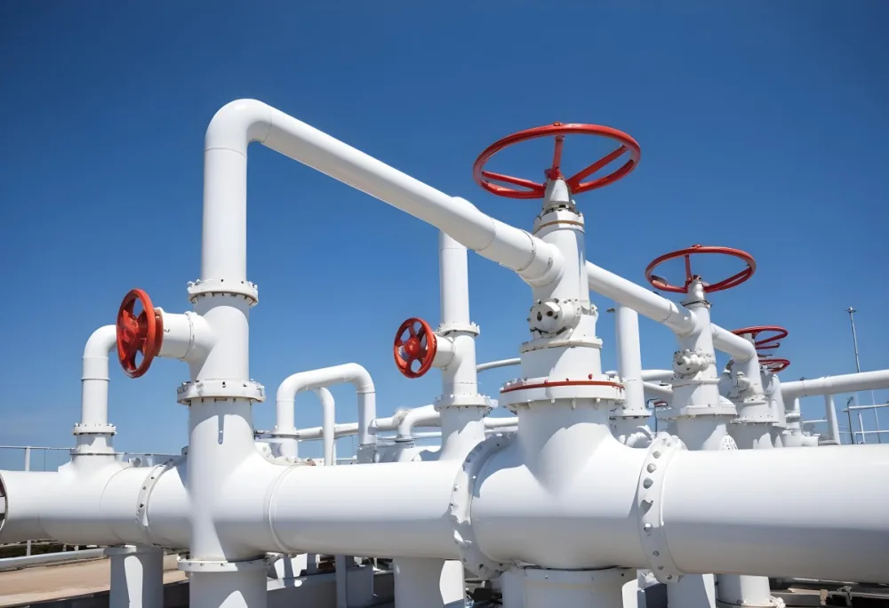 White Industrial Pipes With Blue Valves Against A Clear Blue Sky Metal Flanges And Joints Outdoor Setting Bright Sunlight Clean And Well Maintained Equipment 5 E784