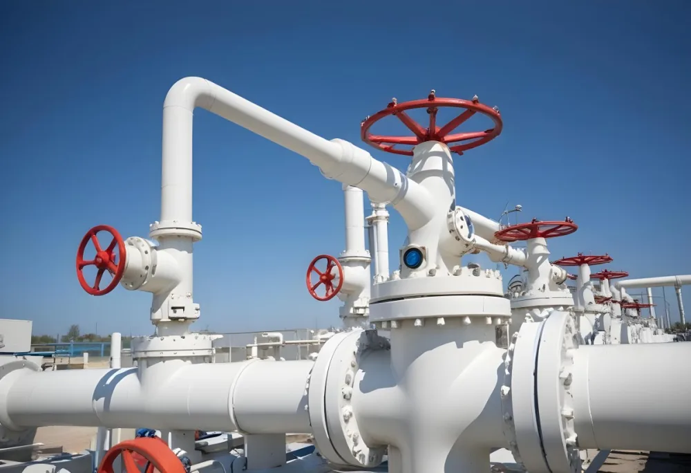 White Industrial Pipes With Blue Valves Against A Clear Blue Sky Metal Flanges And Joints Outdoor Setting Bright Sunlight Clean And Well Maintained Equipment 6 3dd5