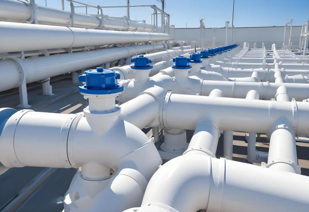 White Industrial Pipes With Blue Valves Against A Clear Blue Sky Metal Flanges And Joints Outdoor Setting Bright Sunlight Clean And Well Maintained Equipment 7 7036