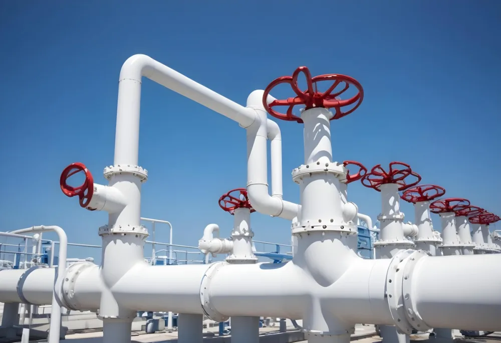 White Industrial Pipes With Blue Valves Against A Clear Blue Sky Metal Flanges And Joints Outdoor Setting Bright Sunlight Clean And Well Maintained Equipment 8 7cdd