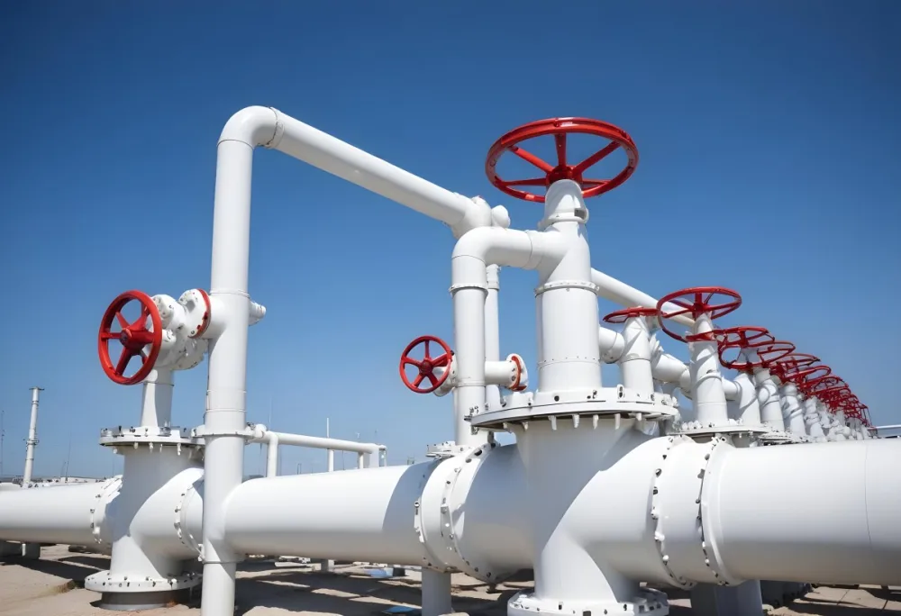 White Industrial Pipes With Blue Valves Against A Clear Blue Sky Metal Flanges And Joints Outdoor Setting Bright Sunlight Clean And Well Maintained Equipment 9 5534