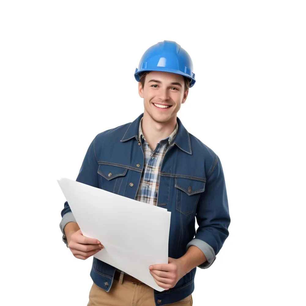 Young Caucasian Male Approximately 25 Years Old With Short Brown Hair Wearing A Blue Hard Hat And A Denim Jacket Over A Plaid Shirt Holding Blueprints In His Hands Smiling Against A Plain White Background 11 F4ab