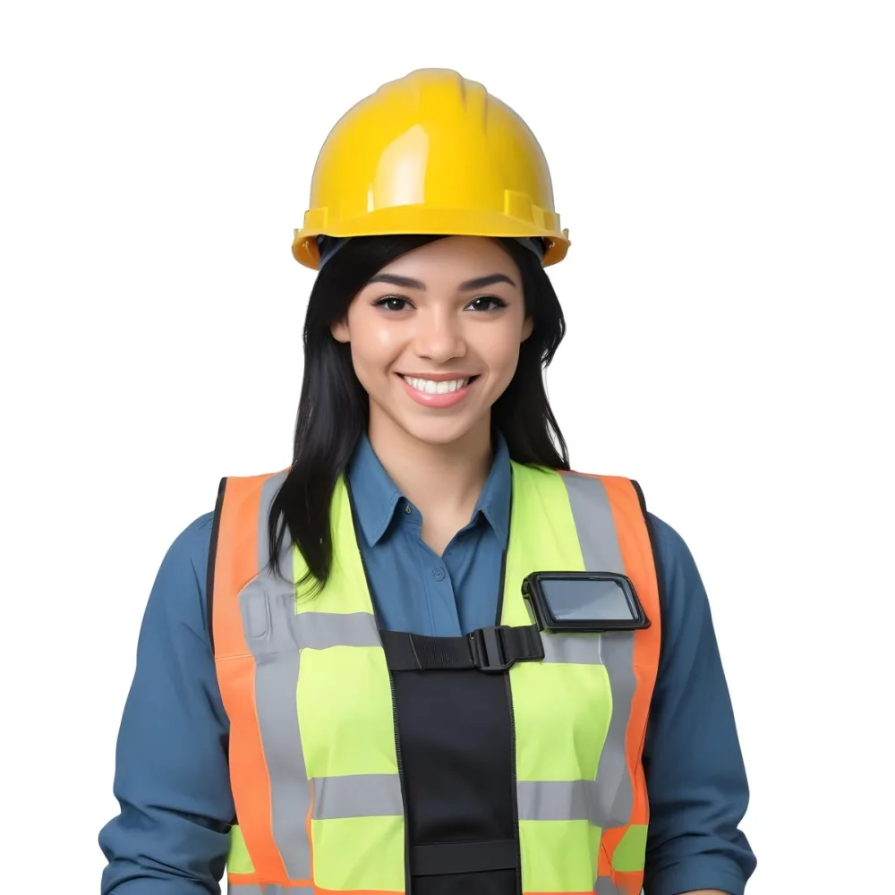 Young Woman With Light Skin And Black Hair Wearing A Blue Hard Hat And A Black Vest Over A Black Shirt She Is Smiling And Has A Blue Strap Bag Across Her Shoulder The Background Is Plain White 1 8a55