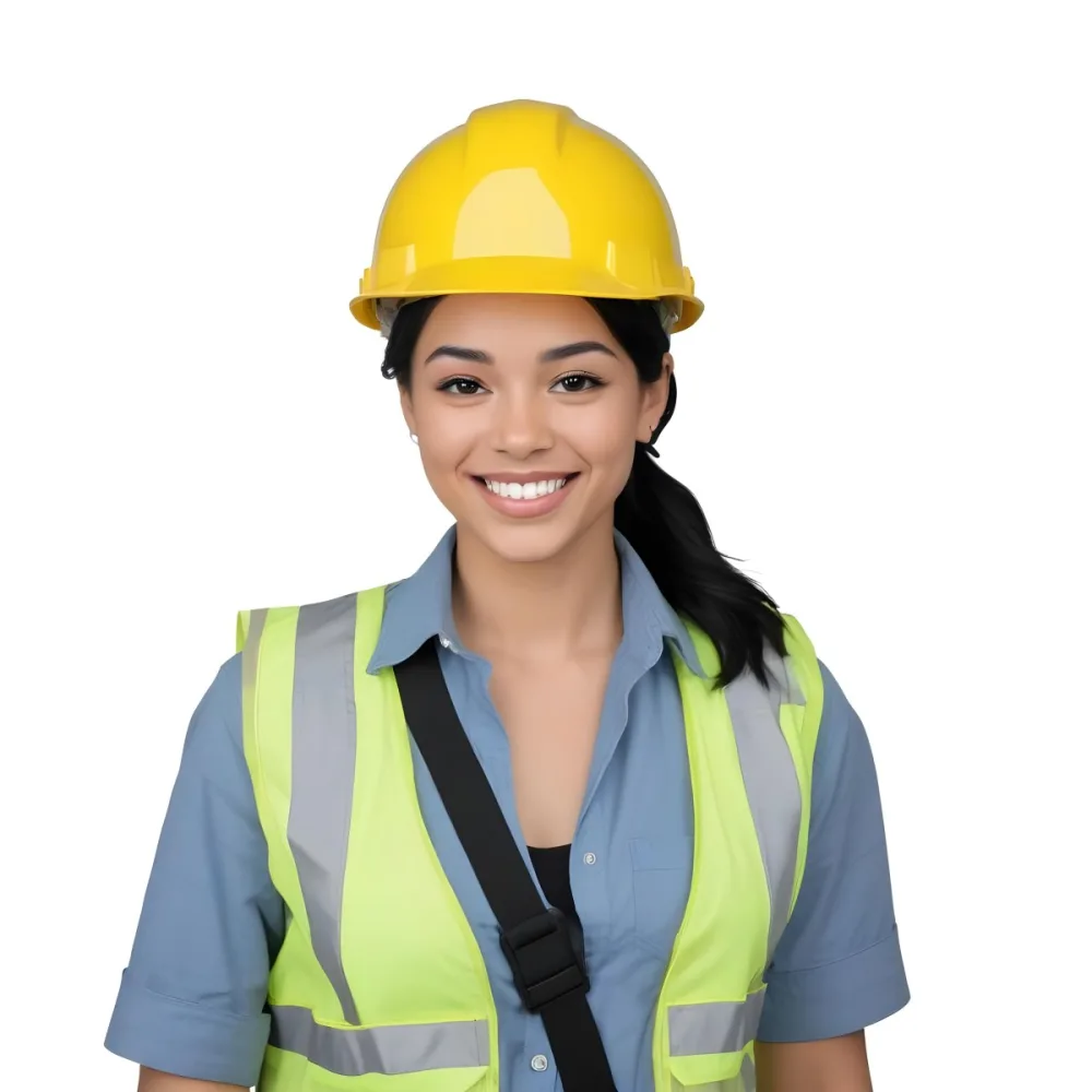 Young Woman With Light Skin And Black Hair Wearing A Blue Hard Hat And A Black Vest Over A Black Shirt She Is Smiling And Has A Blue Strap Bag Across Her Shoulder The Background Is Plain White 12 9ccb