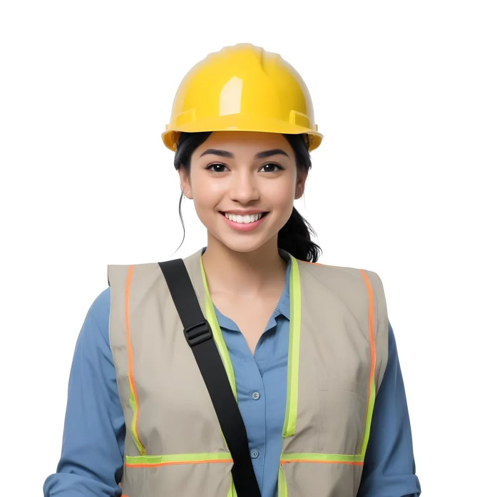 Young Woman With Light Skin And Black Hair Wearing A Blue Hard Hat And A Black Vest Over A Black Shirt She Is Smiling And Has A Blue Strap Bag Across Her Shoulder The Background Is Plain White 14 11e4