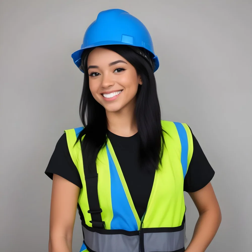 Young Woman With Light Skin And Black Hair Wearing A Blue Hard Hat And A Black Vest Over A Black Shirt She Is Smiling And Has A Blue Strap Bag Across Her Shoulder The Background Is Plain White 2 72b2