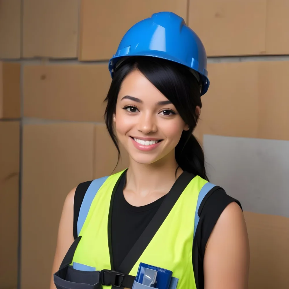 Young Woman With Light Skin And Black Hair Wearing A Blue Hard Hat And A Black Vest Over A Black Shirt She Is Smiling And Has A Blue Strap Bag Across Her Shoulder The Background Is Plain White 3 0f65