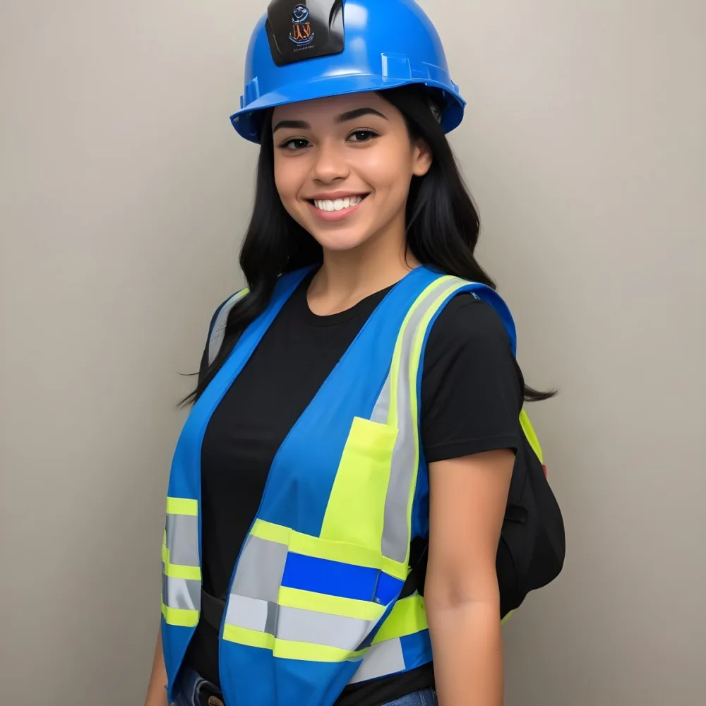 Young Woman With Light Skin And Black Hair Wearing A Blue Hard Hat And A Black Vest Over A Black Shirt She Is Smiling And Has A Blue Strap Bag Across Her Shoulder The Background Is Plain White 4 7b3d