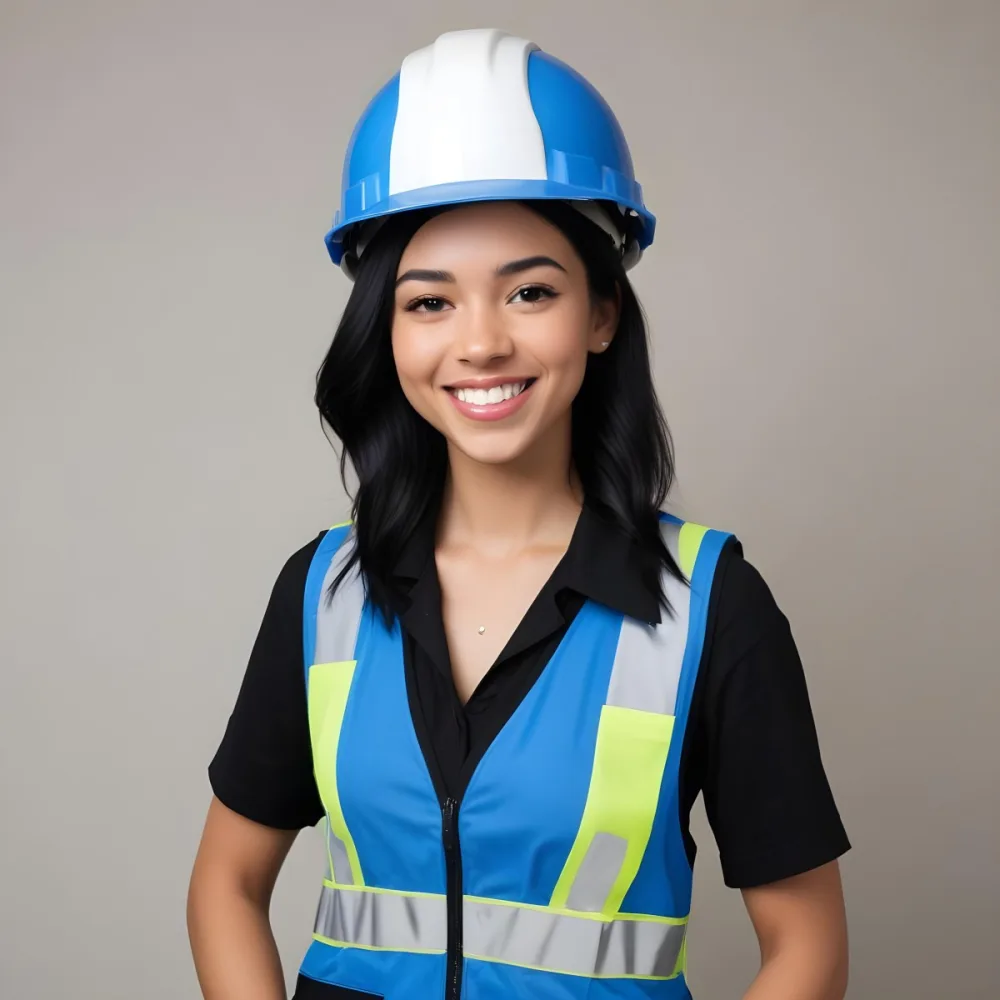 Young Woman With Light Skin And Black Hair Wearing A Blue Hard Hat And A Black Vest Over A Black Shirt She Is Smiling And Has A Blue Strap Bag Across Her Shoulder The Background Is Plain White 6 9162