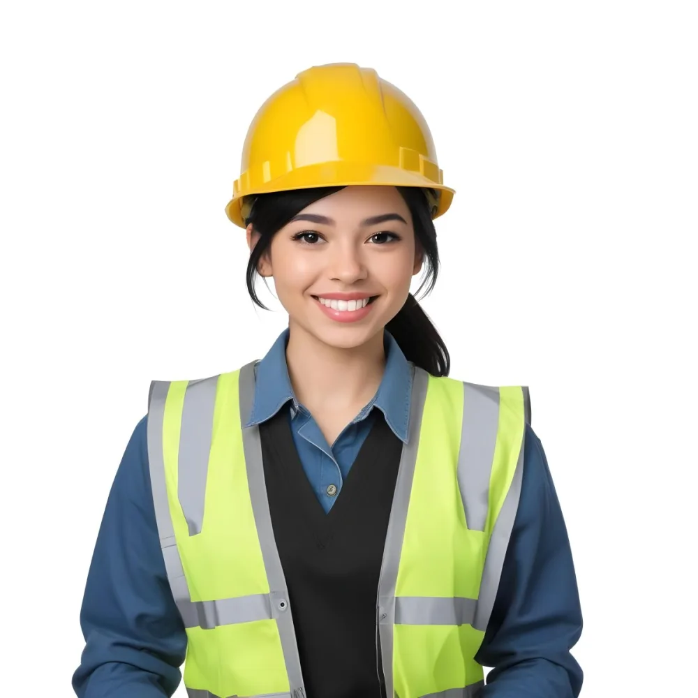 Young Woman With Light Skin And Black Hair Wearing A Blue Hard Hat And A Black Vest Over A Black Shirt She Is Smiling And Has A Blue Strap Bag Across Her Shoulder The Background Is Plain White 7 F3fc