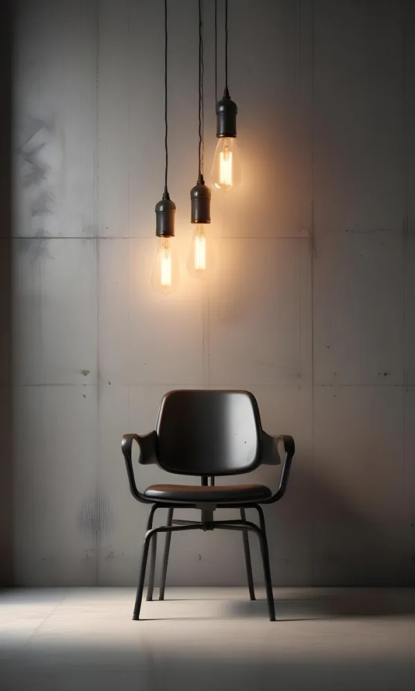3d Model A Metal Chair In Front Of A Concrete Wall With Two Light Bulbs Hanging From The Ceiling Minimalist Design Industrial Style Figure Octane Render Volumetric Highly Detailed Videogame Aesthetic 12 7200