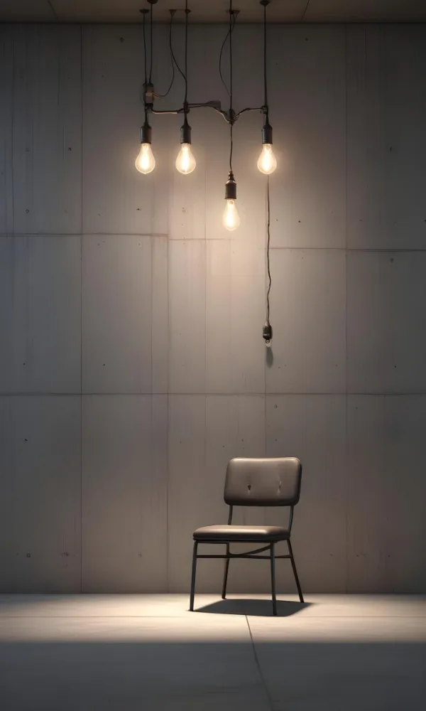 3d Model A Metal Chair In Front Of A Concrete Wall With Two Light Bulbs Hanging From The Ceiling Minimalist Design Industrial Style Figure Octane Render Volumetric Highly Detailed Videogame Aesthetic 2 848f