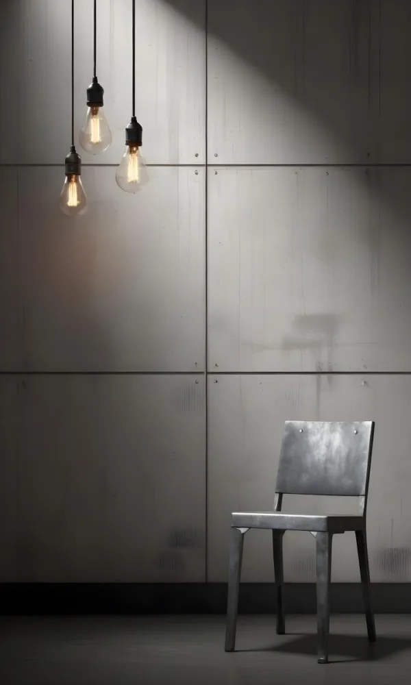 3d Model A Metal Chair In Front Of A Concrete Wall With Two Light Bulbs Hanging From The Ceiling Minimalist Design Industrial Style Figure Octane Render Volumetric Highly Detailed Videogame Aesthetic 33 9998