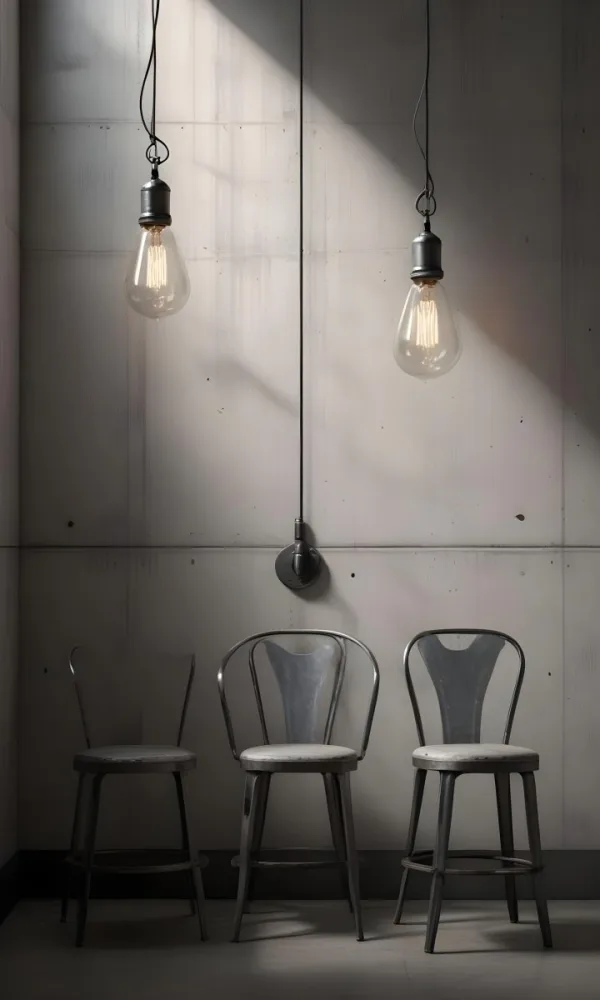 3d Model A Metal Chair In Front Of A Concrete Wall With Two Light Bulbs Hanging From The Ceiling Minimalist Design Industrial Style Figure Octane Render Volumetric Highly Detailed Videogame Aesthetic 37 2429
