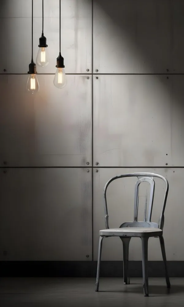 3d Model A Metal Chair In Front Of A Concrete Wall With Two Light Bulbs Hanging From The Ceiling Minimalist Design Industrial Style Figure Octane Render Volumetric Highly Detailed Videogame Aesthetic 40 Fc60