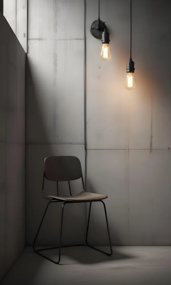 3d Model A Metal Chair In Front Of A Concrete Wall With Two Light Bulbs Hanging From The Ceiling Minimalist Design Industrial Style Figure Octane Render Volumetric Highly Detailed Videogame Aesthetic 44 A27a