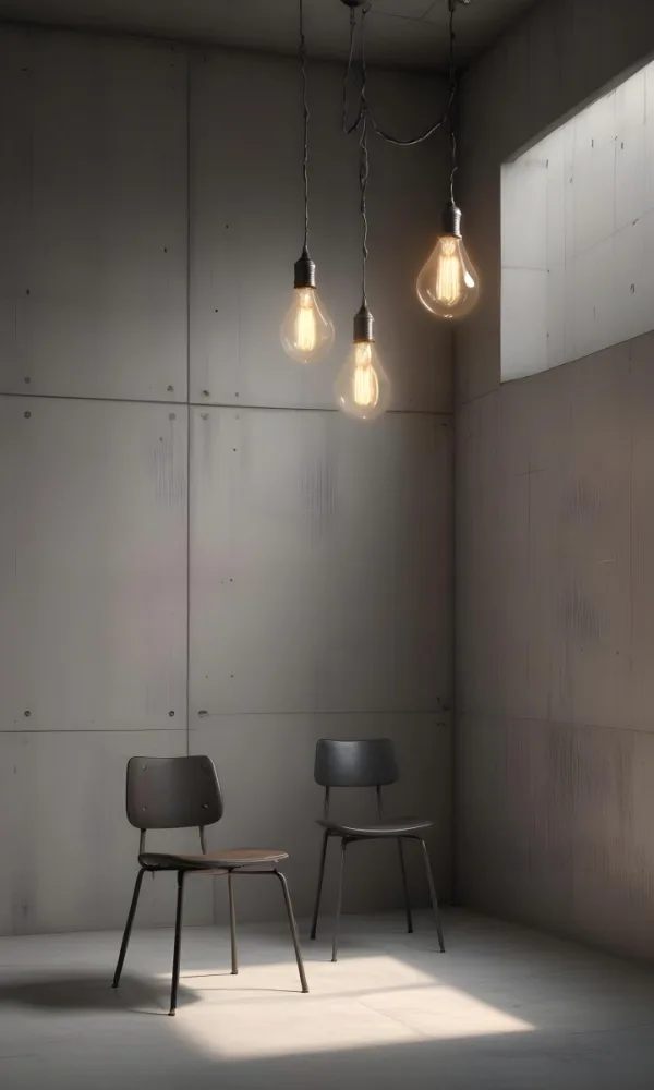 3d Model A Metal Chair In Front Of A Concrete Wall With Two Light Bulbs Hanging From The Ceiling Minimalist Design Industrial Style Figure Octane Render Volumetric Highly Detailed Videogame Aesthetic 48 Ee1e