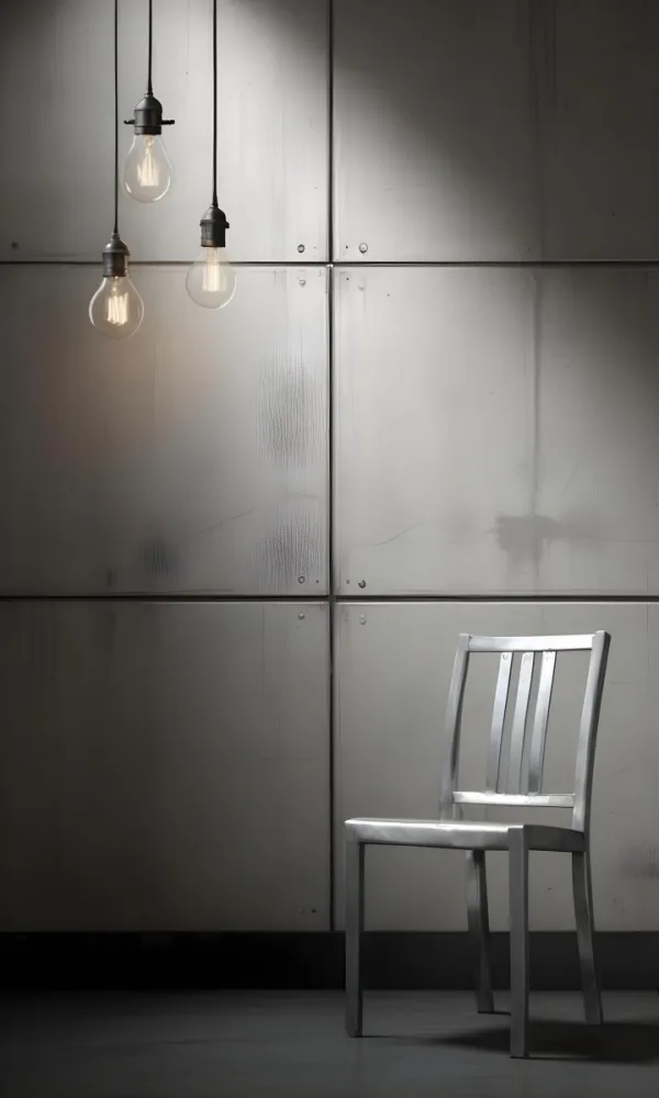 3d Model A Metal Chair In Front Of A Concrete Wall With Two Light Bulbs Hanging From The Ceiling Minimalist Design Industrial Style Figure Octane Render Volumetric Highly Detailed Videogame Aesthetic 5 C2a7